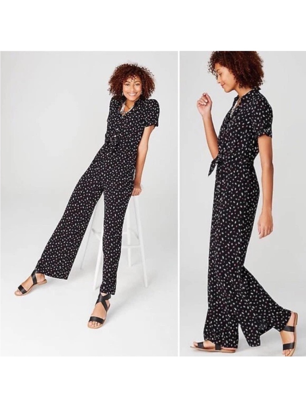 J Jill Ditsy Floral Jumpsuit Size Large Petite LP Black Red White